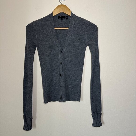 Theory Long Sleeve V Neck Button Up Sweater Womens Size P US XS Wool Cardigan - Picture 2 of 7